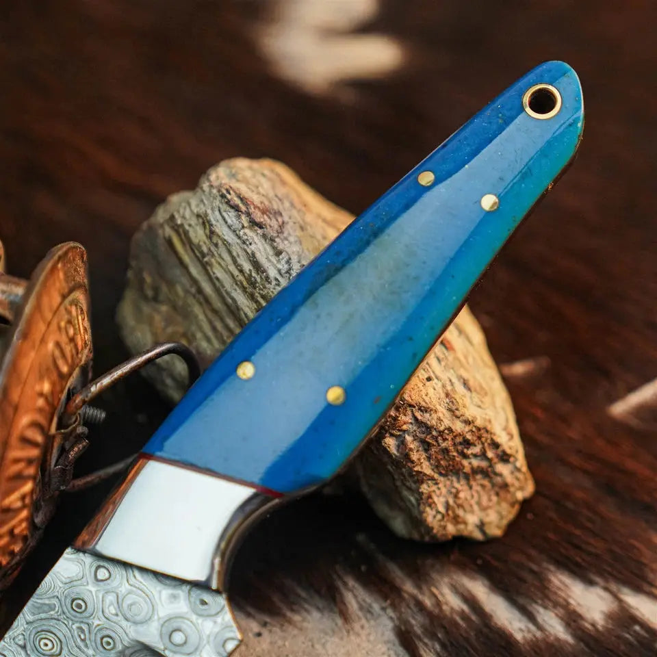 Bluecrest Trail™ Damascus Hunting Knife – Blue Resin Full Tang