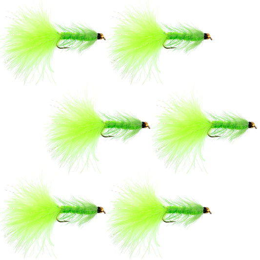 Chartreuse Bead Head Crystal Woolly Bugger Classic Streamer Flies - Set of 6 Trout Fly Fishing Flies - Hook Size 8