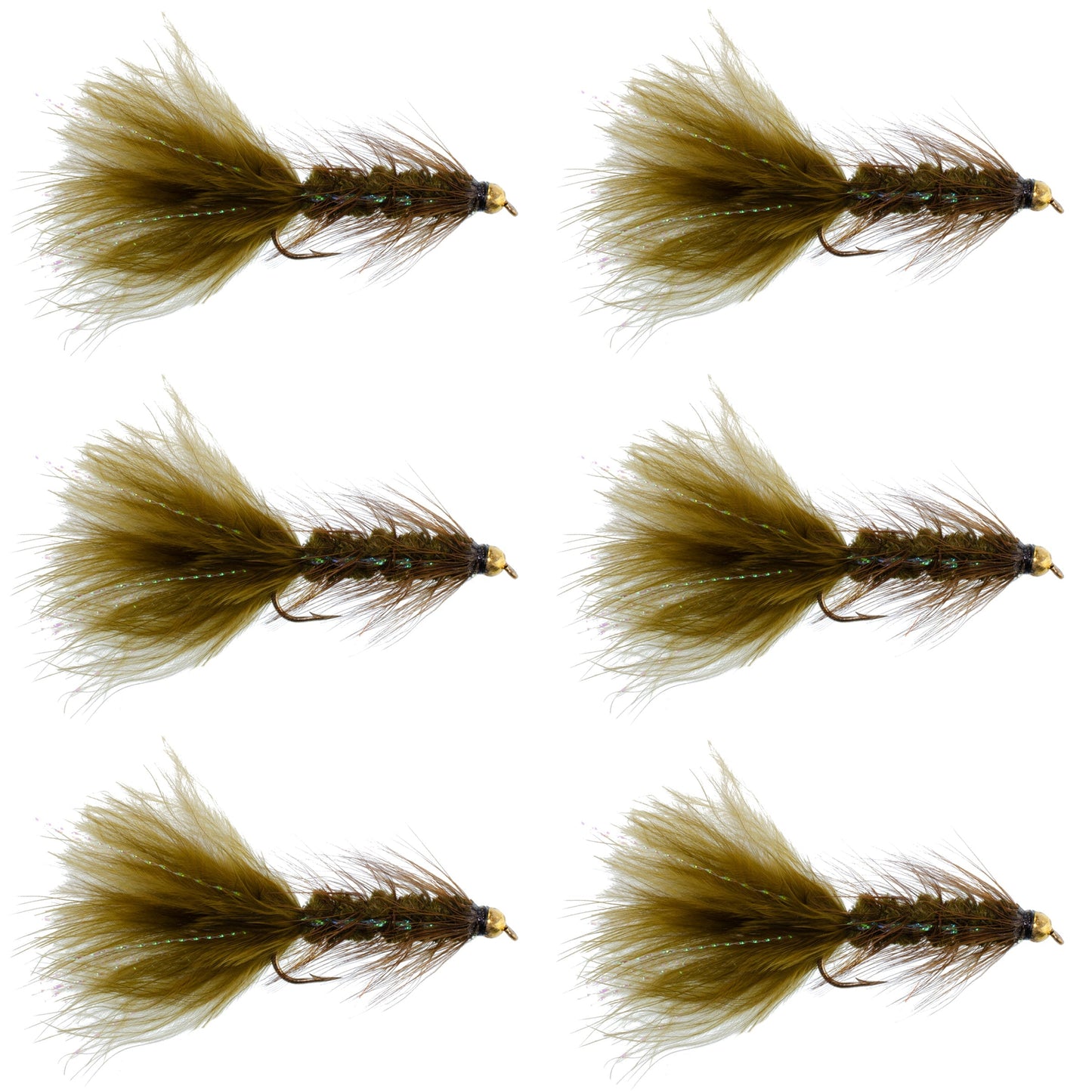Dark Olive Bead Head Crystal Woolly Bugger Classic Streamer Flies - Set of 6 Trout Fly Fishing Flies - Hook Size 4
