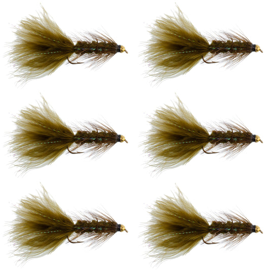 Dark Olive Bead Head Crystal Woolly Bugger Classic Streamer Flies - Set of 6 Trout Fly Fishing Flies - Hook Size 4
