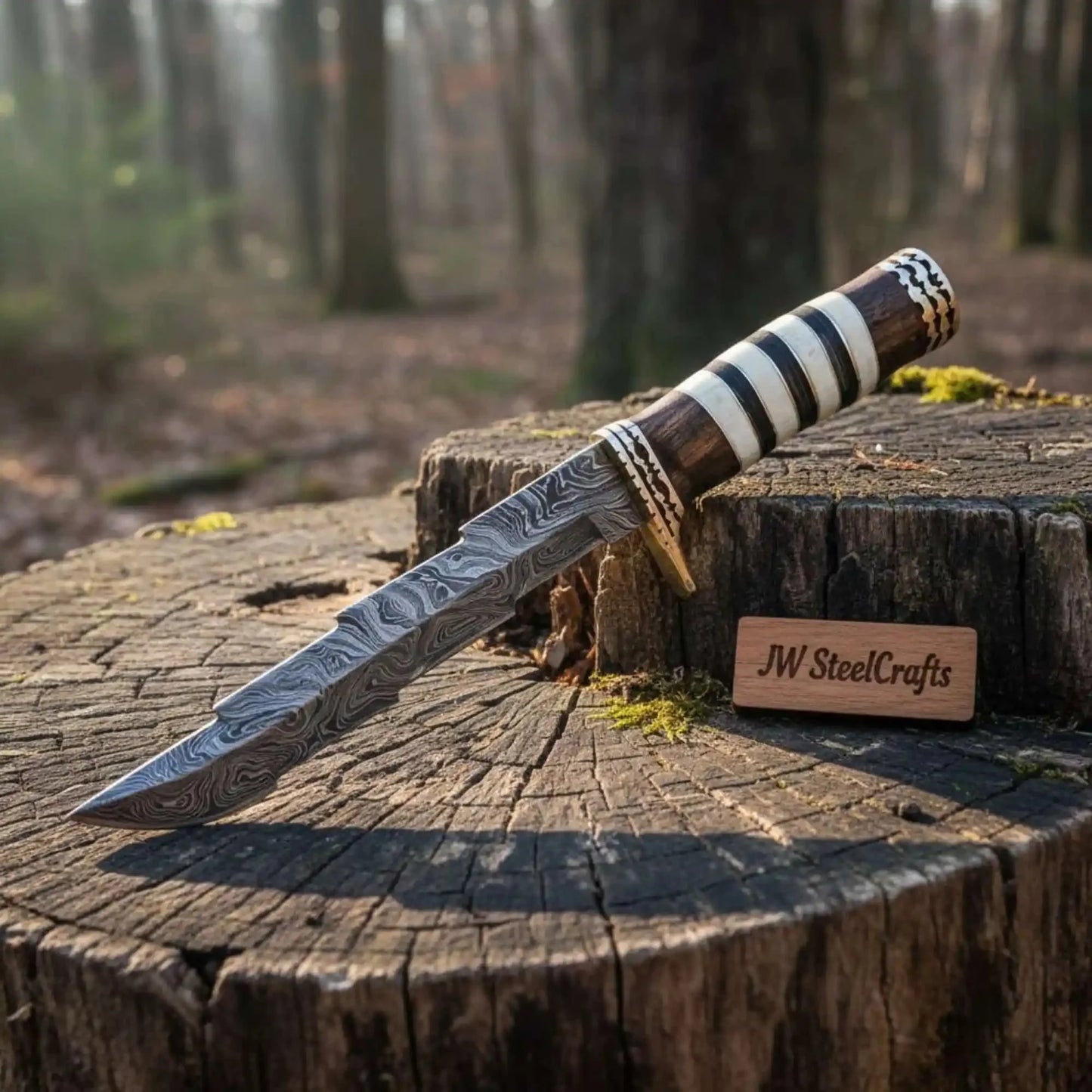 American Clip Point Bowie Knife Damascus Steel Stacked Bone Wood Handle JW SteelCrafts