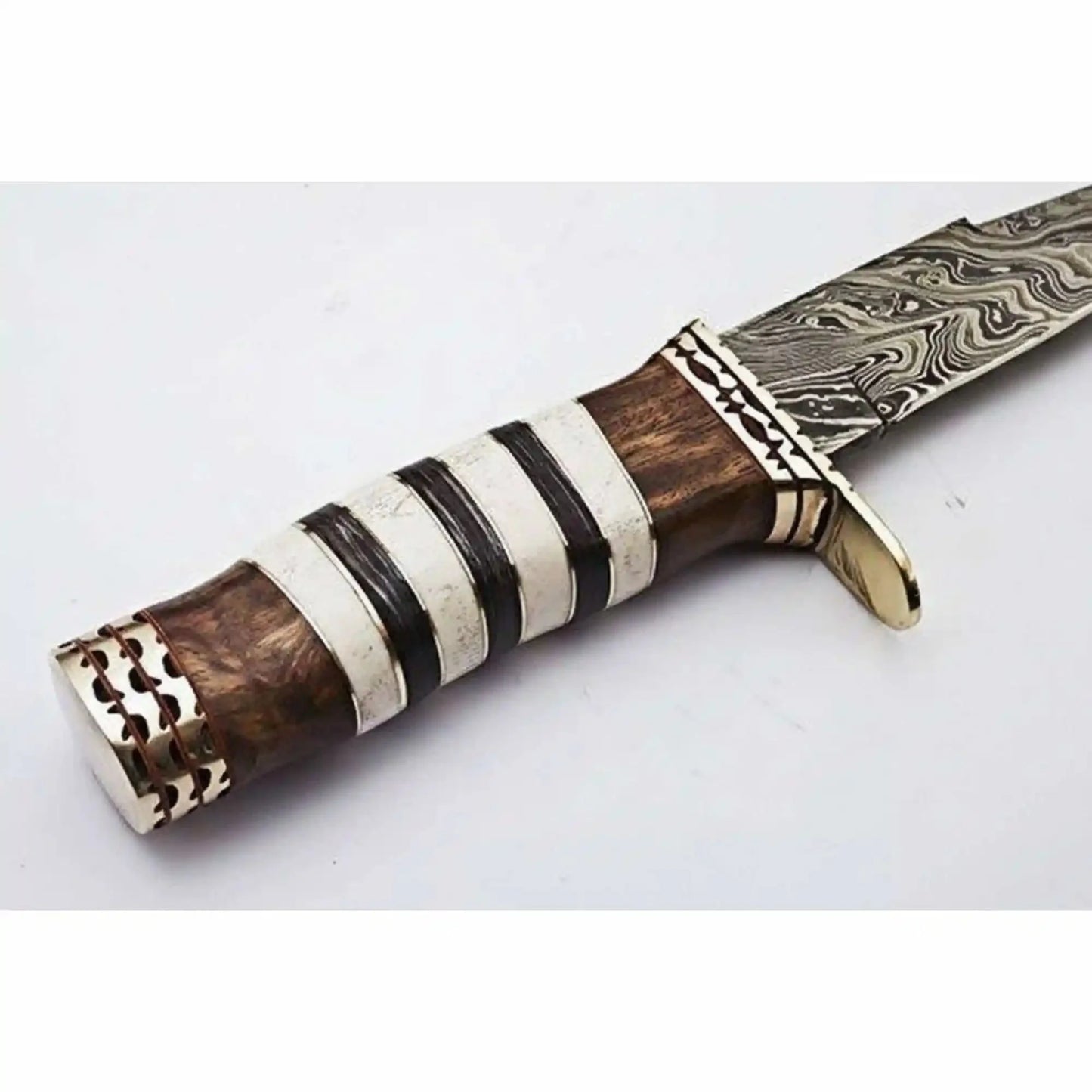 American Clip Point Bowie Knife Damascus Steel Stacked Bone Wood Handle JW SteelCrafts