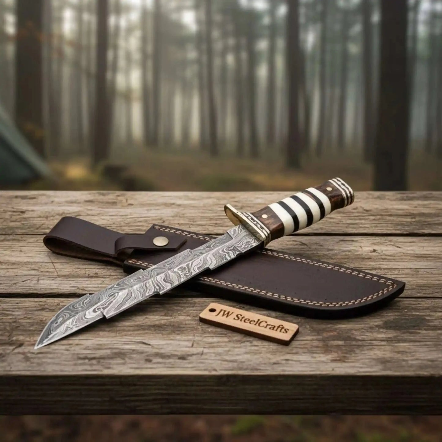American Clip Point Bowie Knife Damascus Steel Stacked Bone Wood Handle JW SteelCrafts