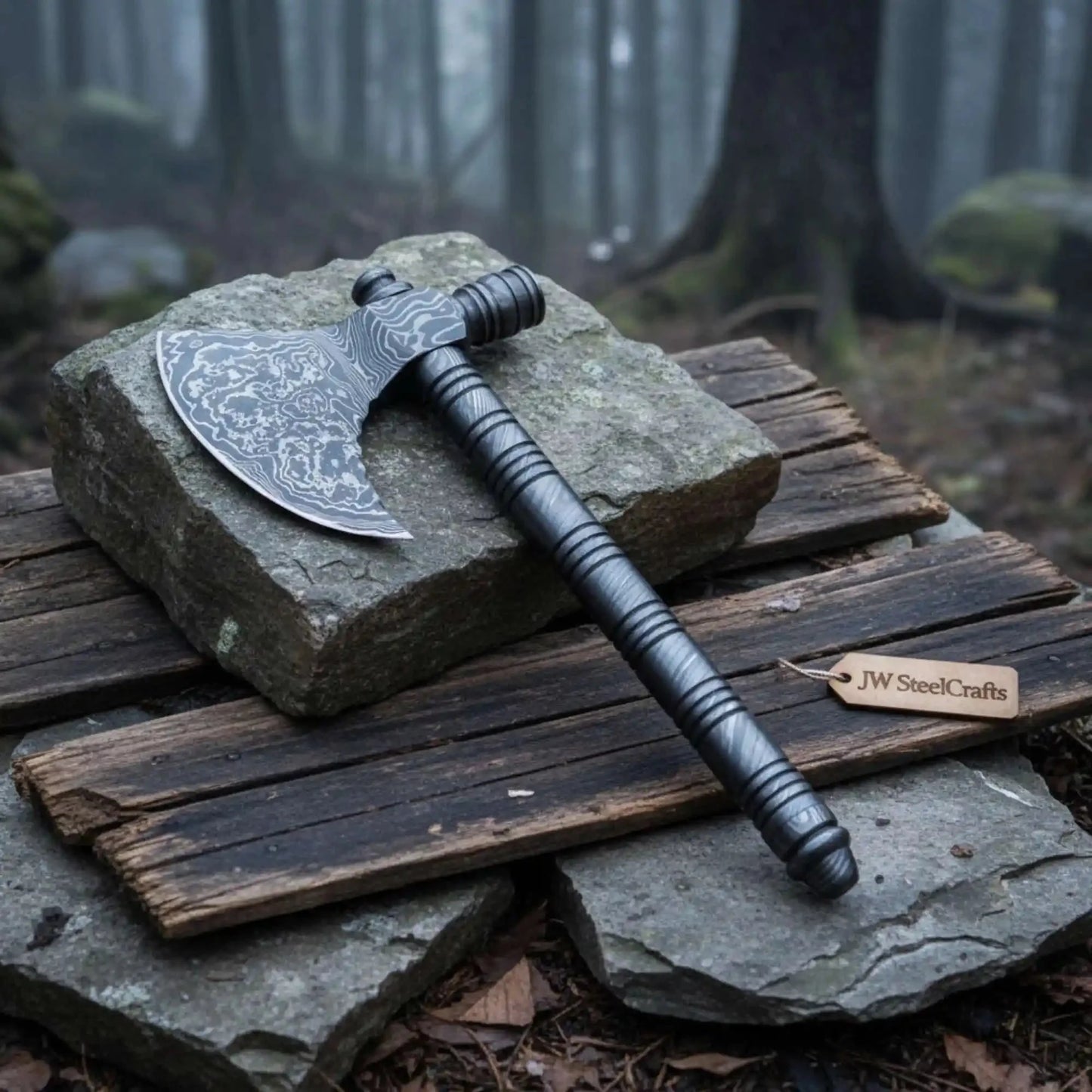 Artisan Damascus Smoking Axe – Functional Tobacco Pipe with Sculpted Hardwood Shaft