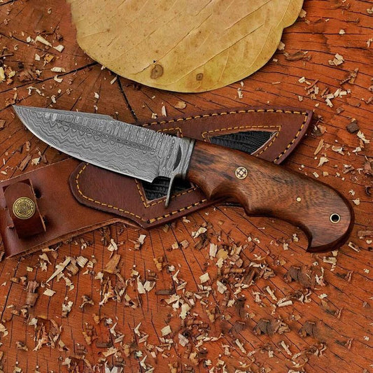 Custom Handmade Damascus Steel Hunting Knife with Blood Groove & Rosewood Handle – 10" | KBS Knives
