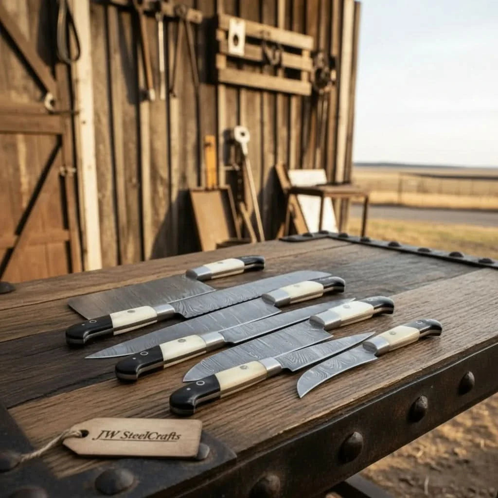 7-Piece Damascus Kitchen Knife Set — Chef, Cleaver, Bread, Santoku, Utility & Paring Knives with White Bone and Black Resin Handles