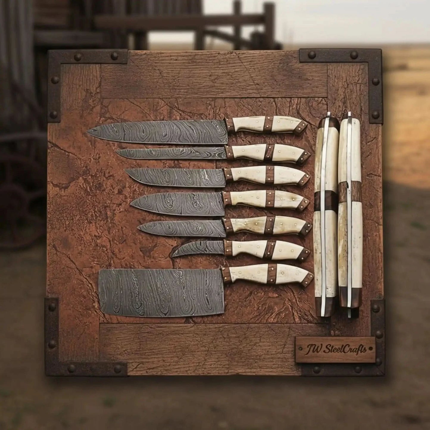 7-Piece Handmade Damascus Kitchen Knife Set with Bone Handle and Leather Roll