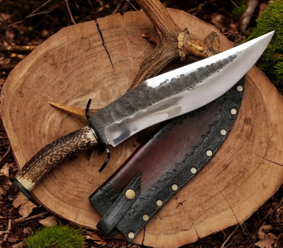 Mountain Stalker Bowie Knife with Antler Handle – 17" Custom Handmade 1095 Steel Blade with Bone Handle
