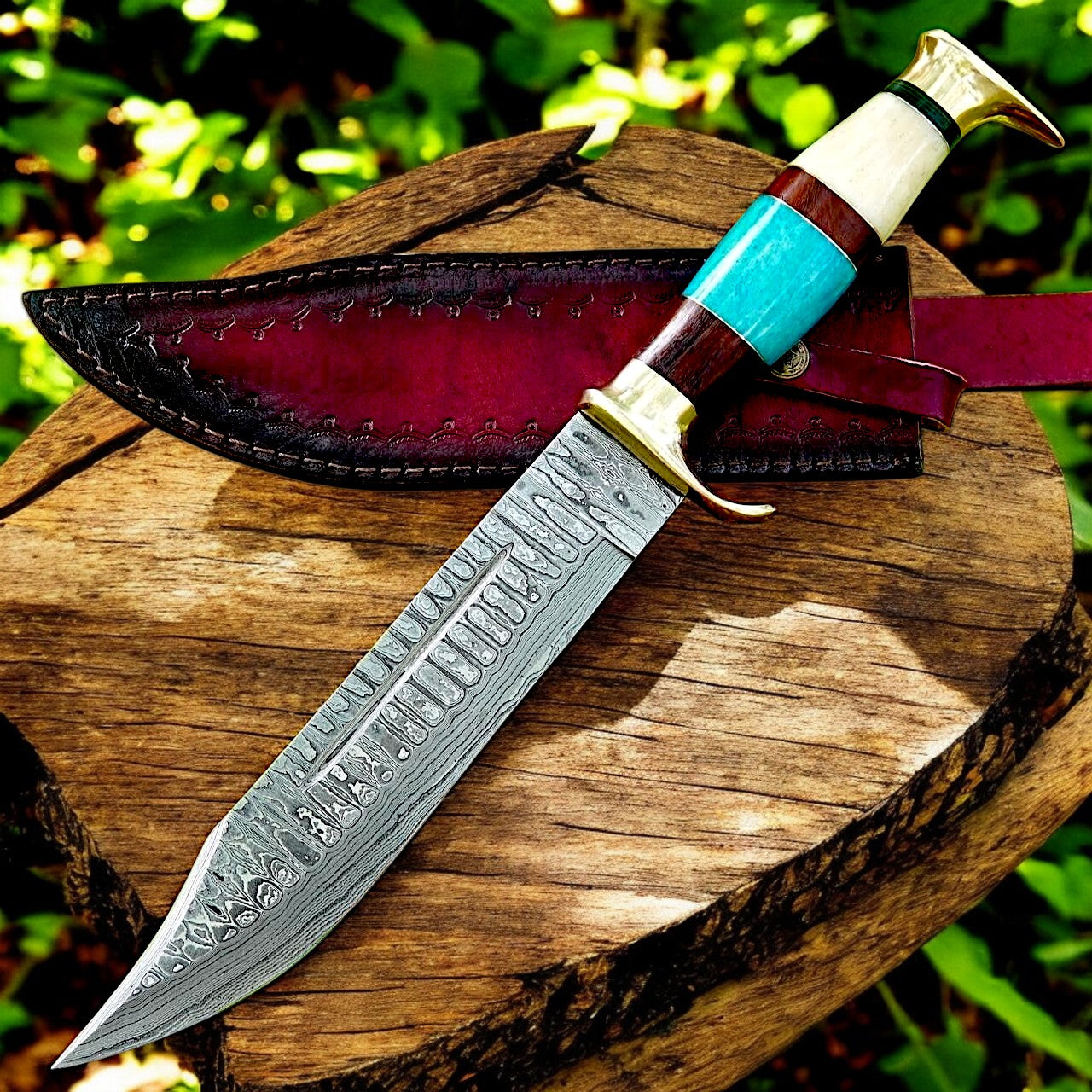 Bowie Knife for Hunting - Damascus Steel & Bone Handle