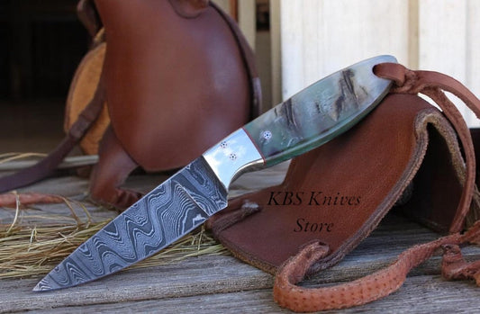 HIGHLAND HITCH – WORKING BUCKAROO KNIFE WITH DAMASCUS STEEL & MOUNTAIN SHEEP HORN