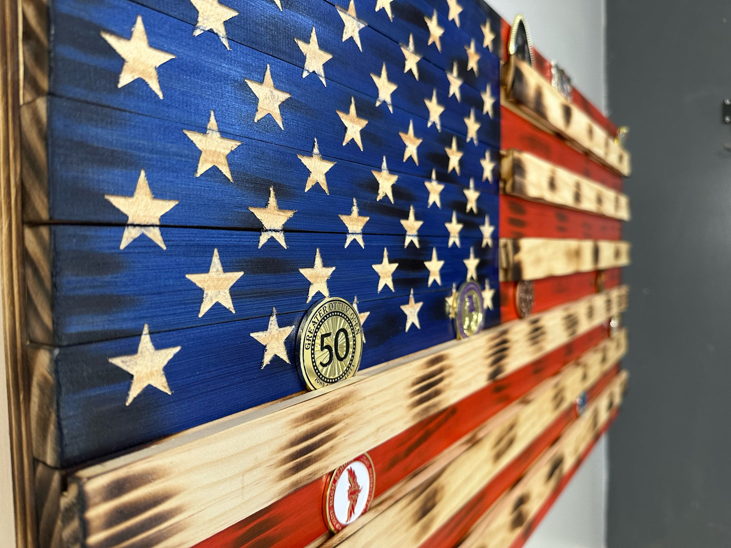 American Flag Challenge Coin Display and Hidden Gun Cabinet, Military Coin Holder Holds 100 Coins and is Ready to Hang, Large US Flag Patriotic Art 38.5" x 19.5"