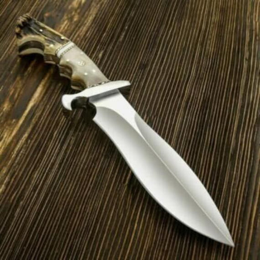 Artisan’s Edge: Custom Handmade Hunting Knife with D2 Steel Blade, Sheep Horn and Antler Horn Handle, Steel Guard, Brass Inlay, and Leather Sheath