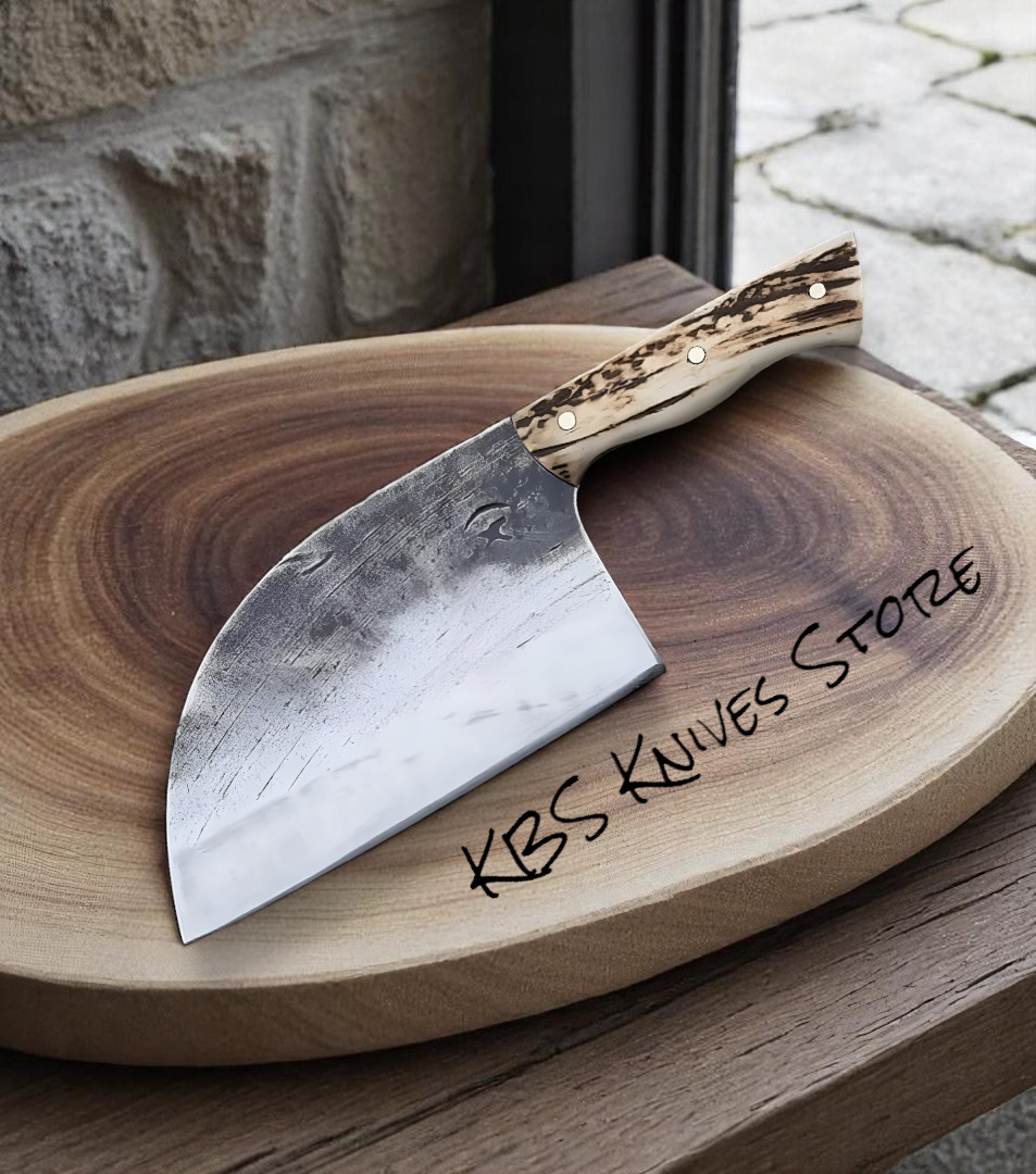 Cleaver Knife – 12" Hand-Forged 1095 Steel Blade with Antler Horn Handle