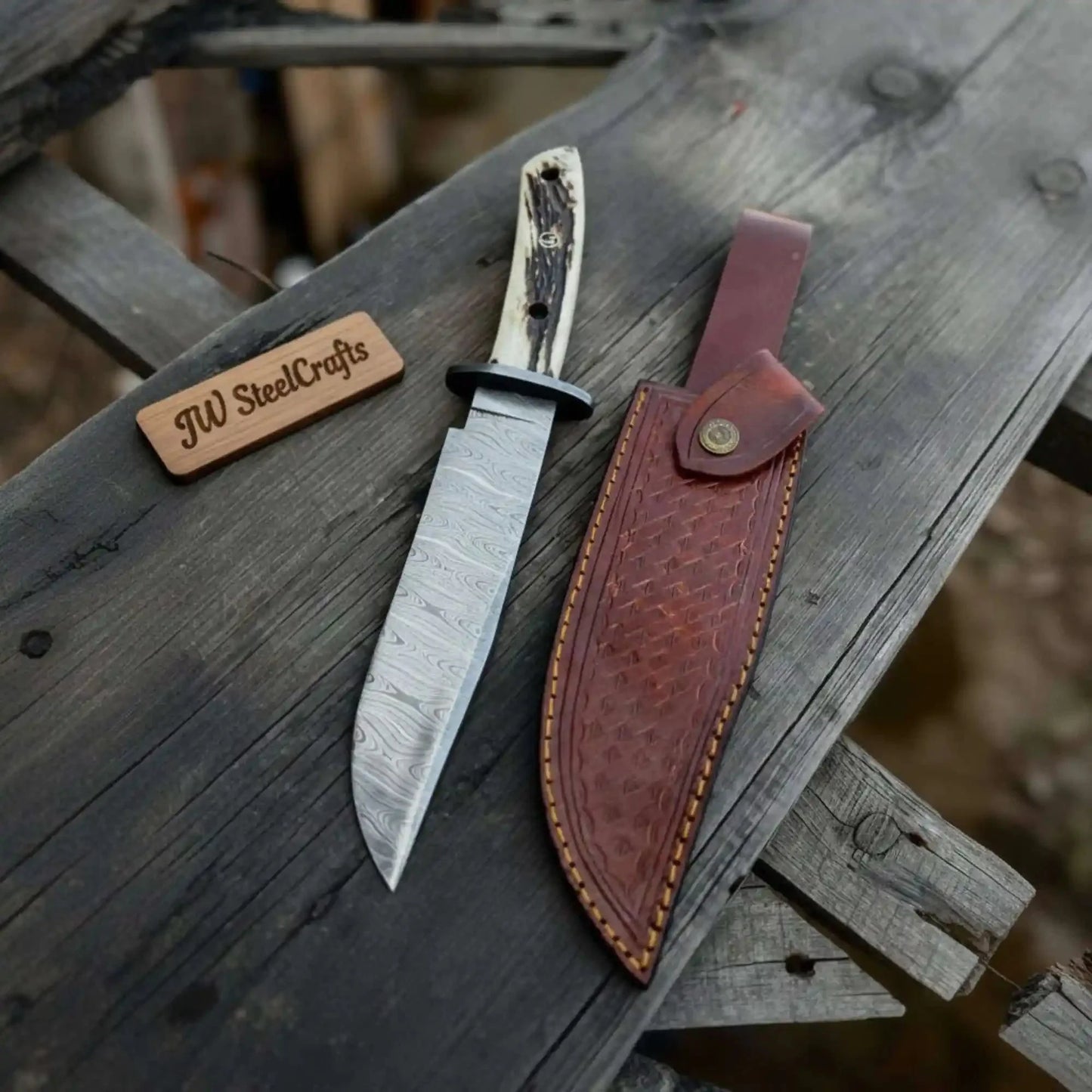 Stag Handle Damascus Hunting Knife Handmade Bowie Knife