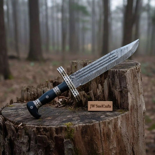 Coffin Handle Bowie Knife, Clip Point Damascus Blade, Hand Engraved Western Frontier Bowie, Custom Handmade Knife JW SteelCrafts