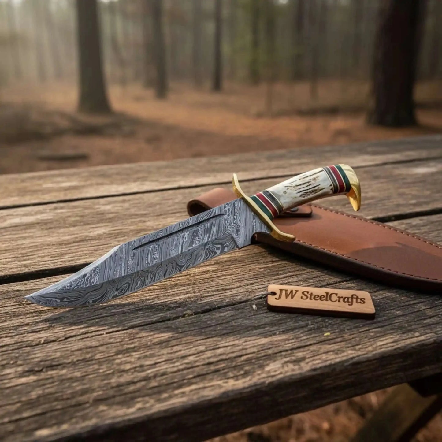Coffin Handle Damascus Clip Point Bowie Knife with Stag Horn and Brass Guard – Handmade JW SteelCrafts