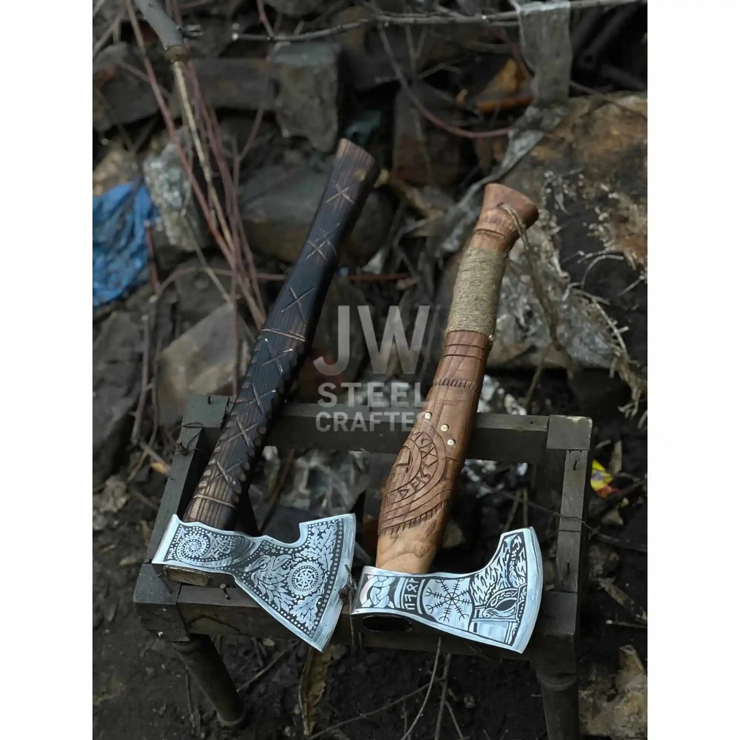 Norse Viking Axe Set with Engraved Steel Heads and Carved Hardwood Handles
