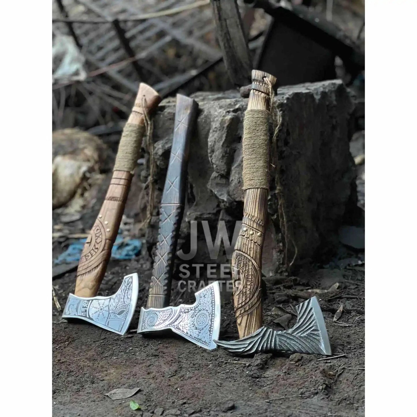 Norse Viking Axe Set with Engraved Steel Heads and Carved Hardwood Handles