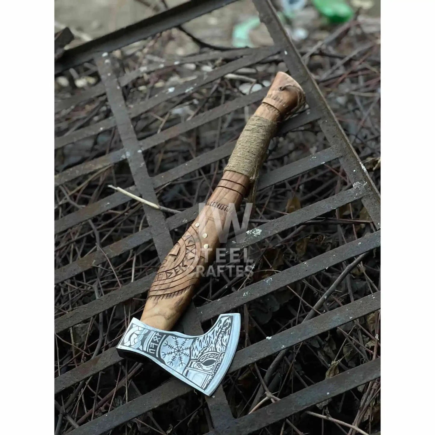 Norse Viking Axe Set with Engraved Steel Heads and Carved Hardwood Handles