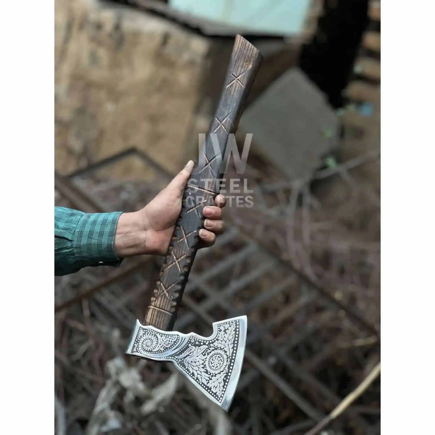 Norse Viking Axe Set with Engraved Steel Heads and Carved Hardwood Handles