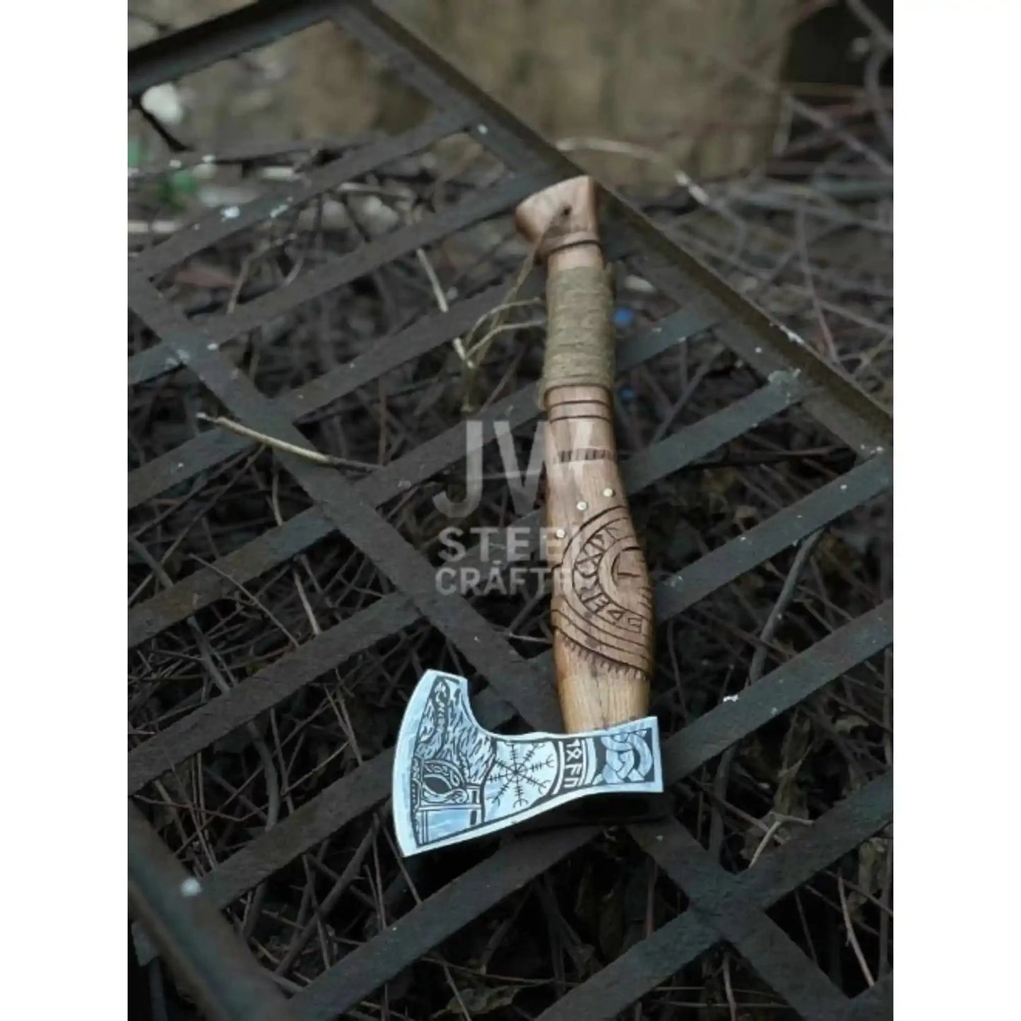 Norse Viking Axe Set with Engraved Steel Heads and Carved Hardwood Handles