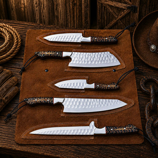 Cone Back Handles D2 Steel Chef Knife Set with Leather Roll Kit