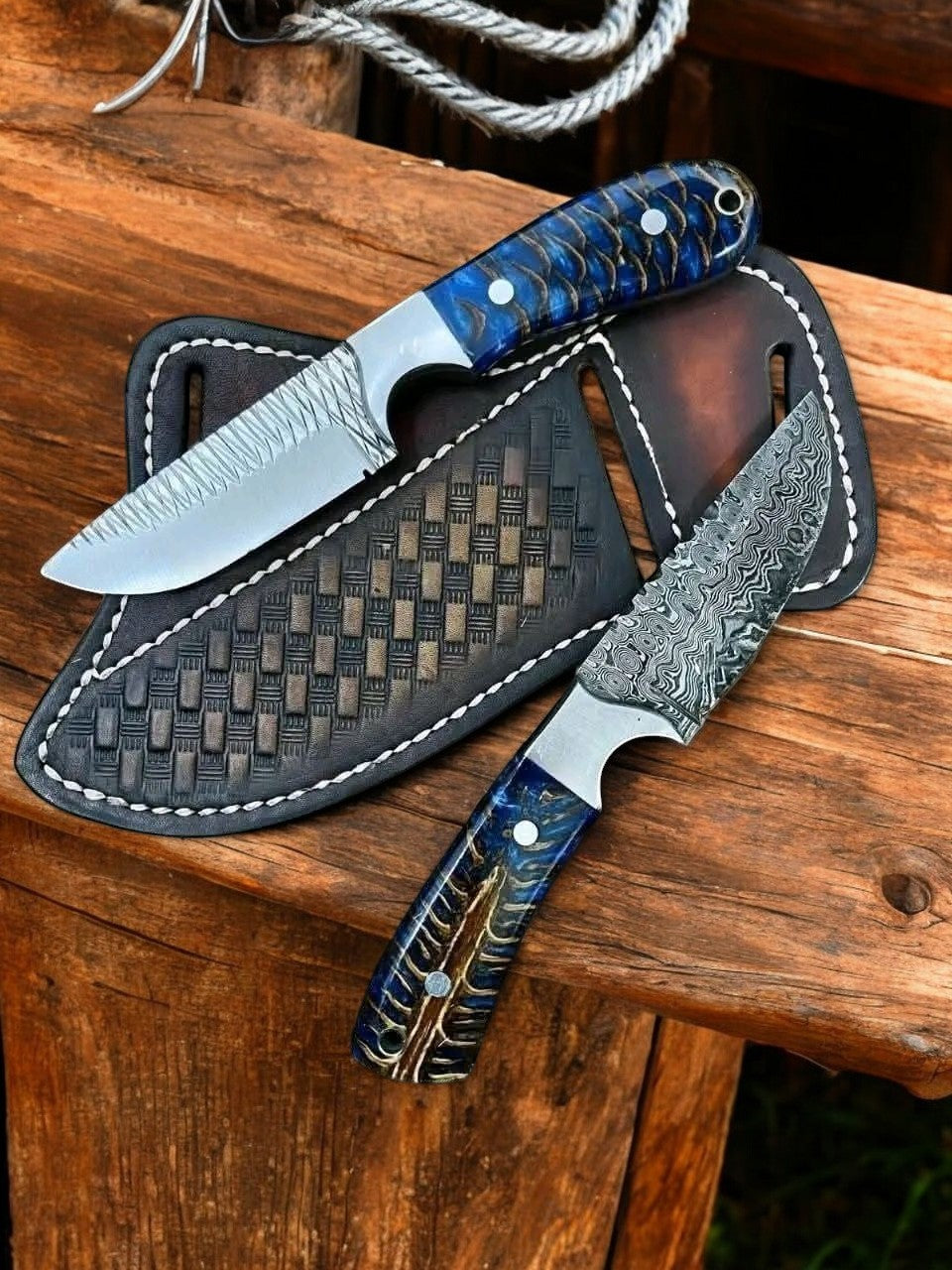 Ranch Knife with Sheath, Damascus & Rasp Steel 8"