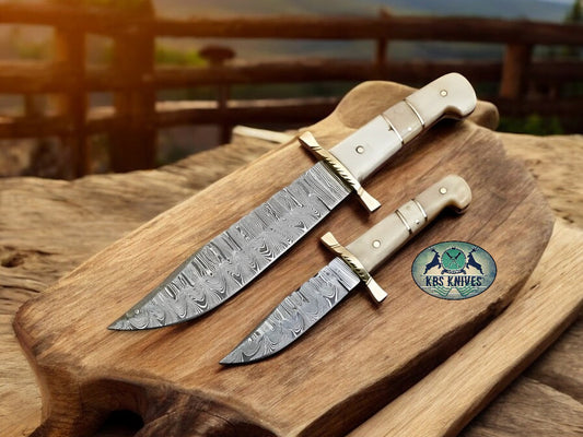 Custom Western Bowie Knife Set – Damascus Steel, Bone Handle