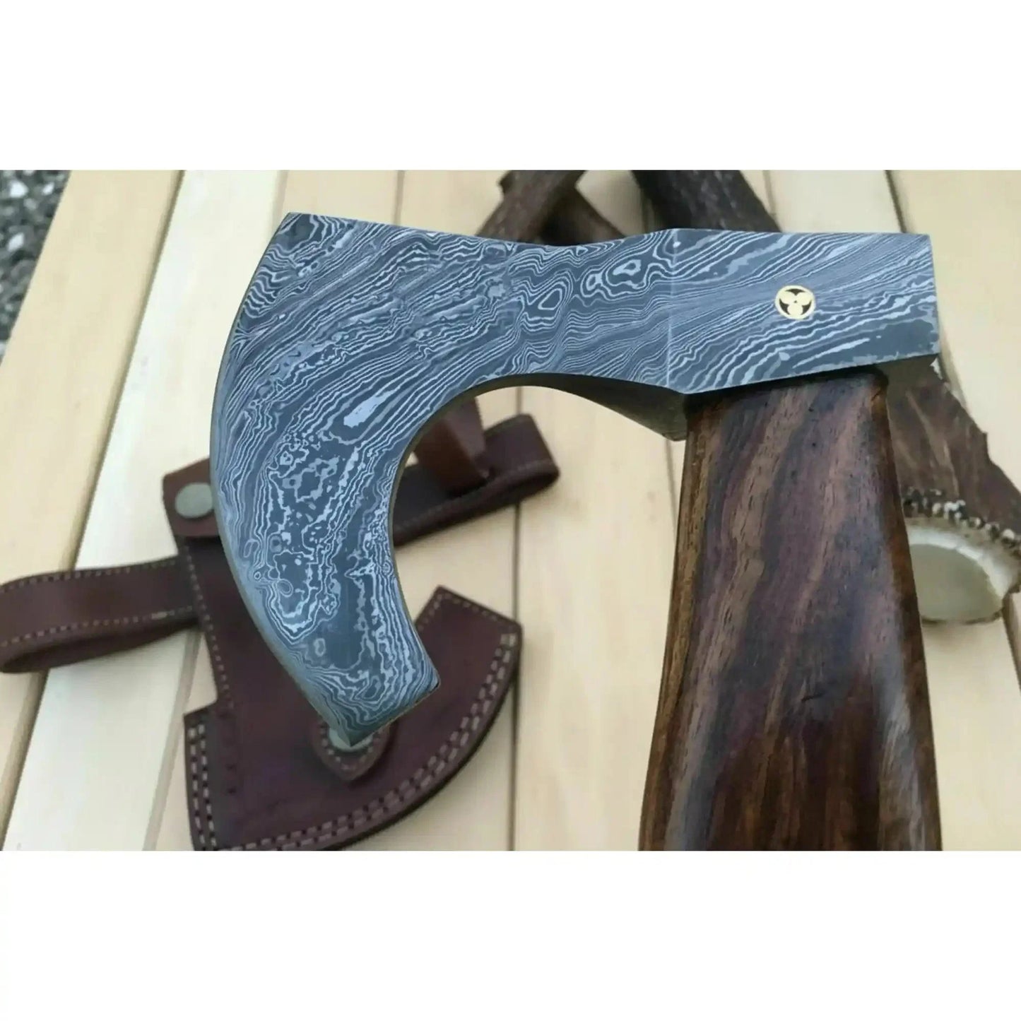 Damascus Camping Axe with Curved Rosewood Handle – Hand Forged Bushcraft Axe with Leather Sheath | JW SteelCrafts