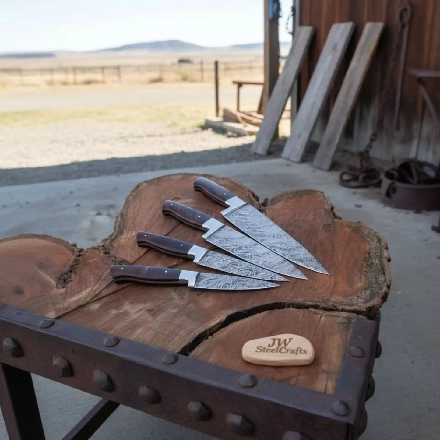 Handmade Damascus Kitchen Knife Set with Walnut Wood Handle - Professional Chef's Knives