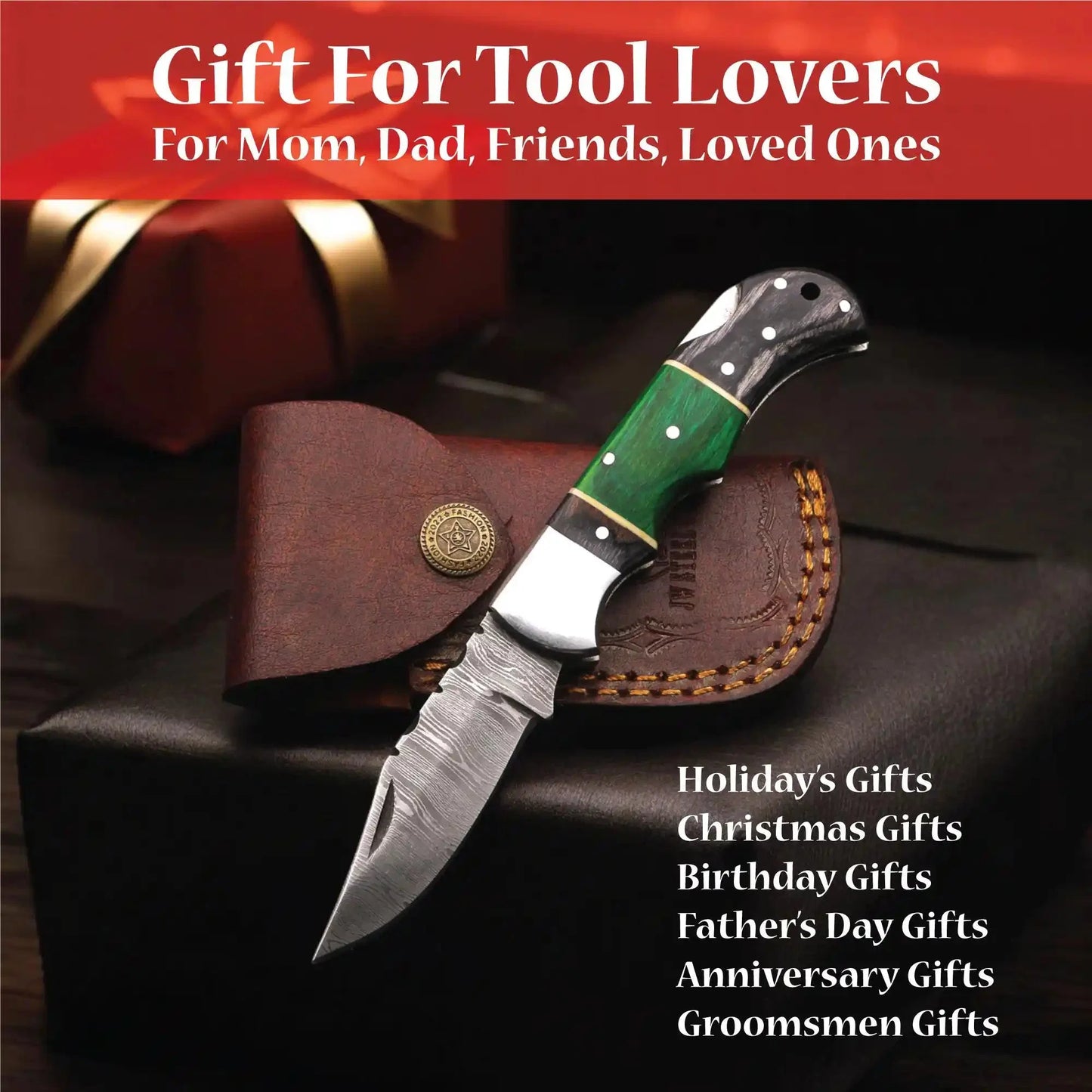 Damascus Folding Knife | Green & Black Dyed Wood Handle | Pocket Knife