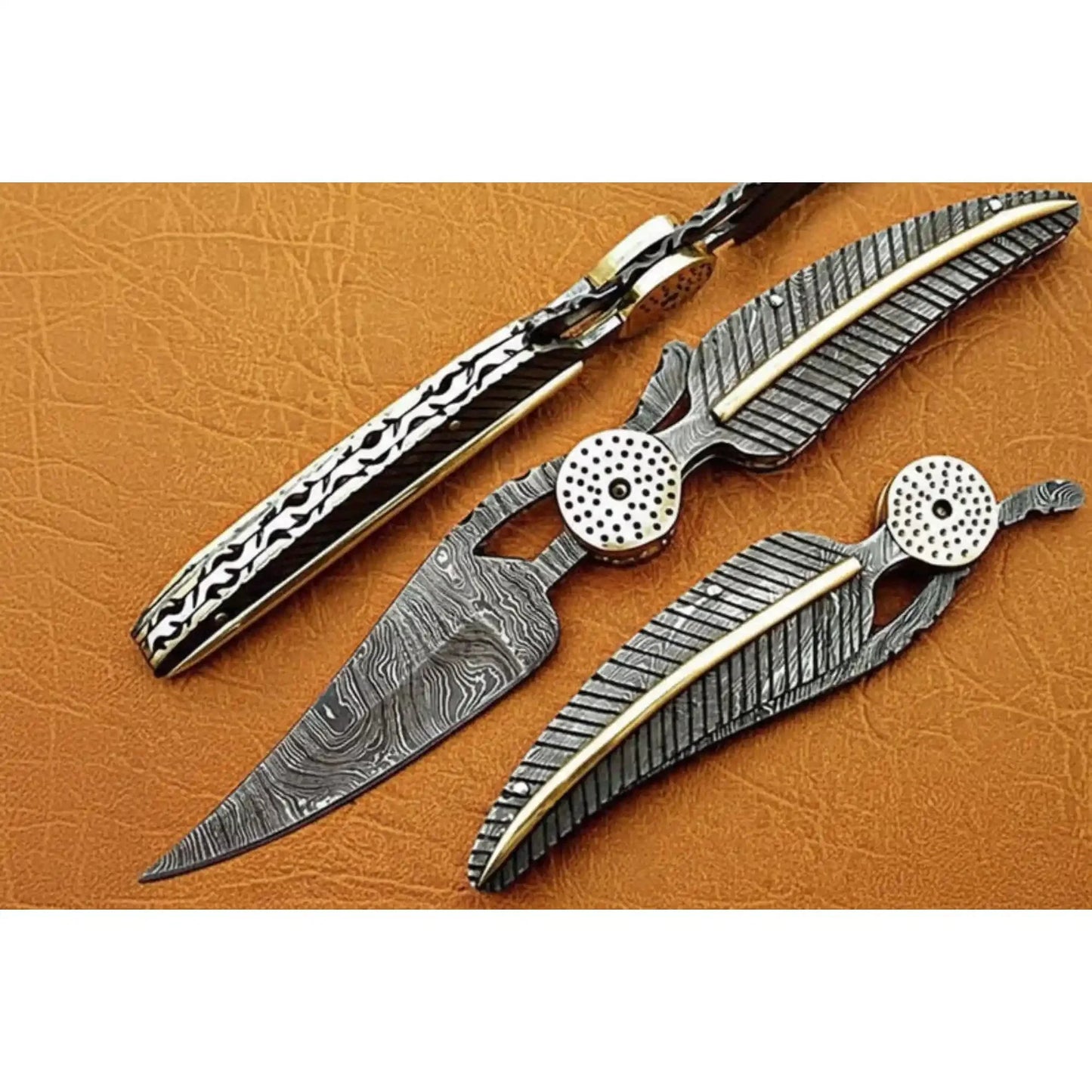 Damascus Steel Folding Knife with Sculpted Feather Handle & Brass Inlay | Handcrafted EDC Pocket Knife