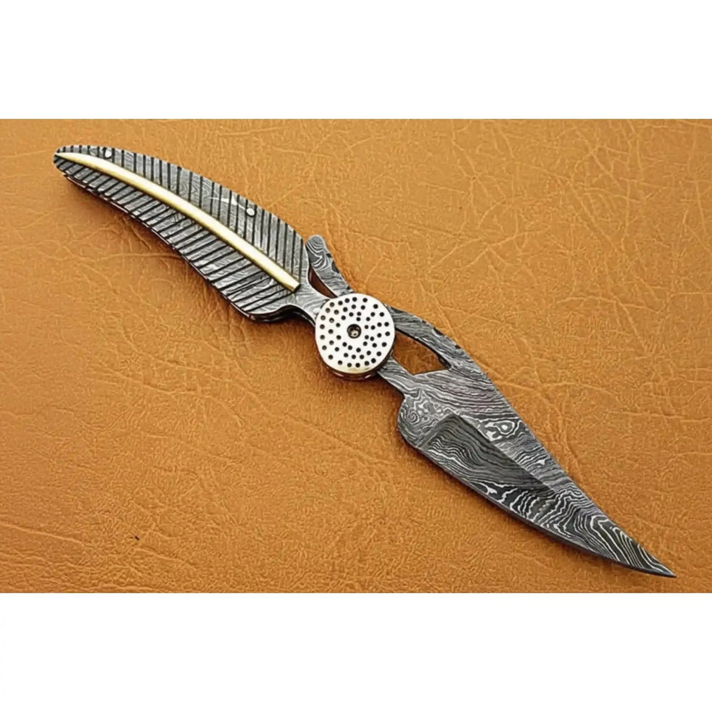 Damascus Steel Folding Knife with Sculpted Feather Handle & Brass Inlay | Handcrafted EDC Pocket Knife