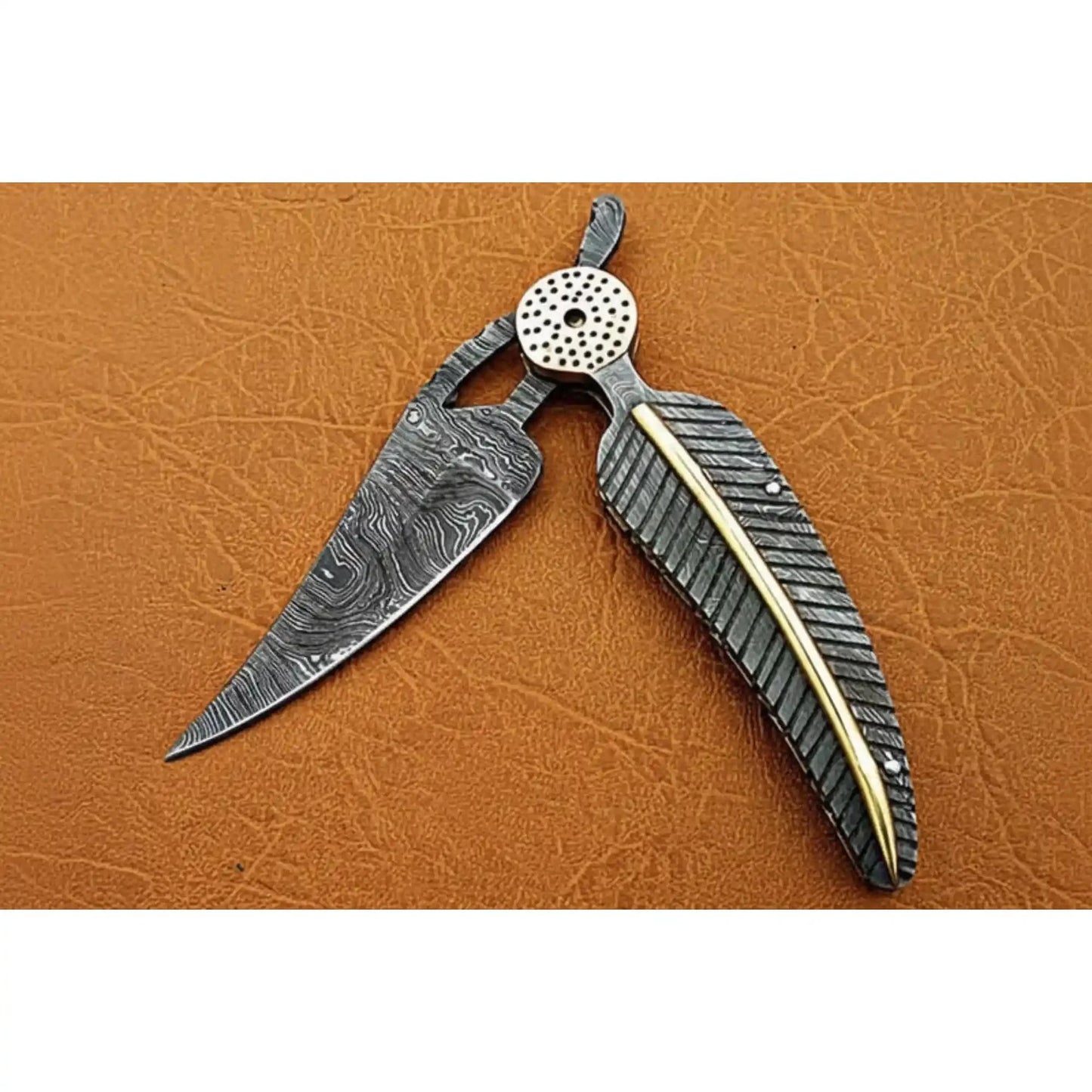 Damascus Steel Folding Knife with Sculpted Feather Handle & Brass Inlay | Handcrafted EDC Pocket Knife