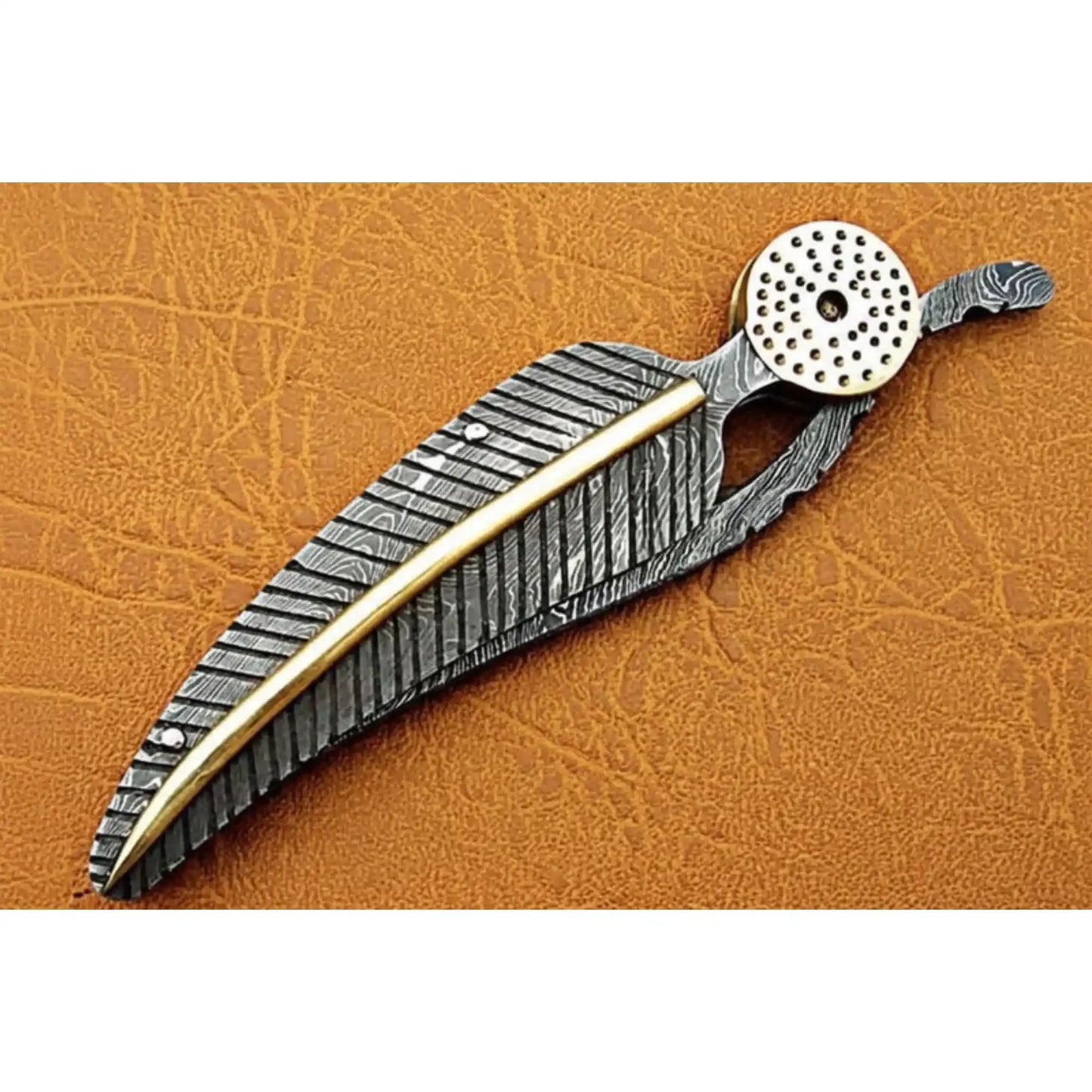 Damascus Steel Folding Knife with Sculpted Feather Handle & Brass Inlay | Handcrafted EDC Pocket Knife