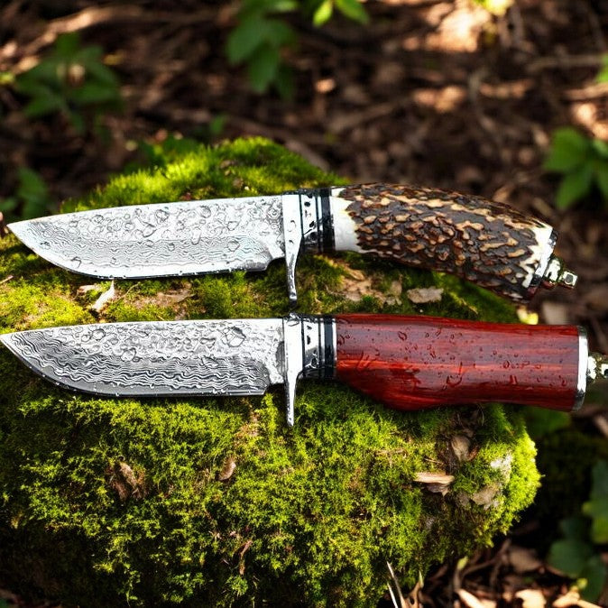Custom Handmade Damascus Steel Hunting Knives – 9" with Wood and Antler Horn Handle