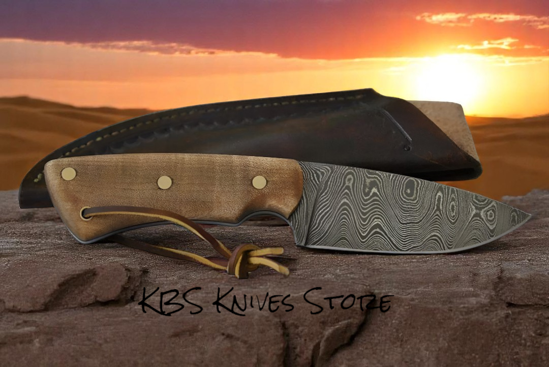 Custom Damascus Steel Best Skinning Knife with Walnut Handle & Leather Sheath – 8" Hunting Blade