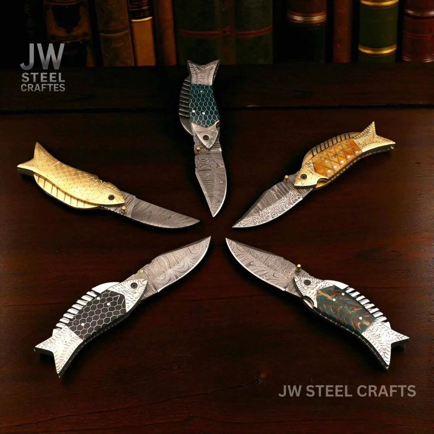 Fish-Style Damascus Folding Knife | 5 Color Variants | Hand-Engraved Collectible by JW SteelCrafts