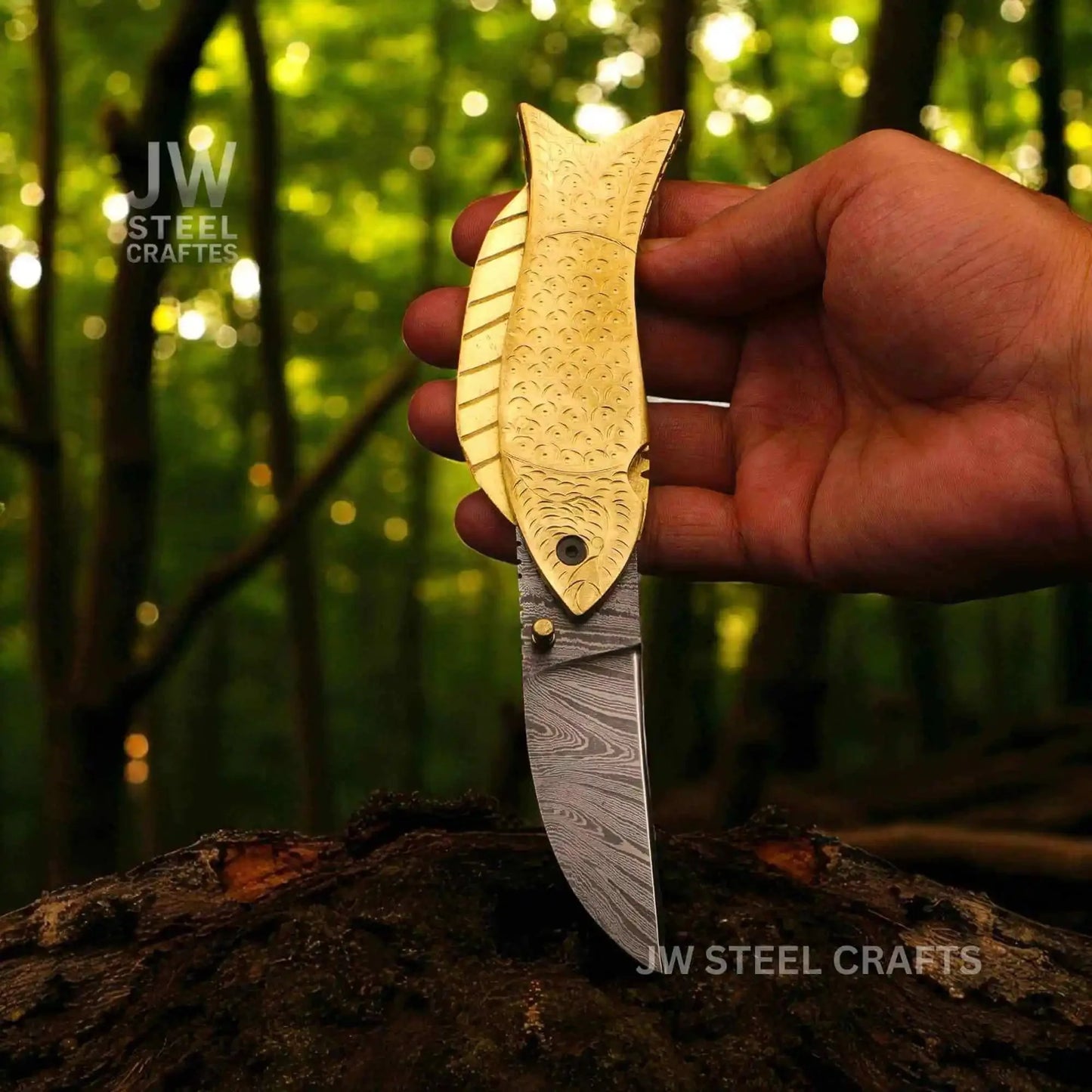 Fish-Style Damascus Folding Knife | 5 Color Variants | Hand-Engraved Collectible by JW SteelCrafts