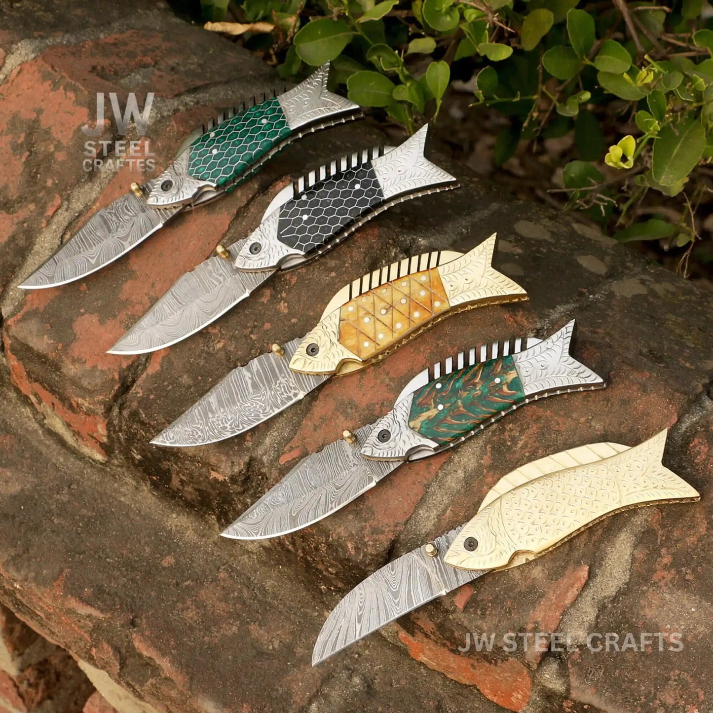Fish-Style Damascus Folding Knife | 5 Color Variants | Hand-Engraved Collectible by JW SteelCrafts