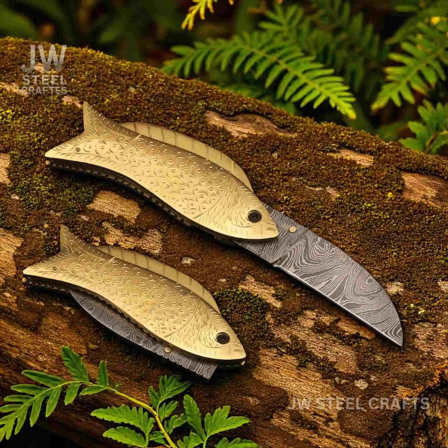 Fish-Style Damascus Folding Knife | 5 Color Variants | Hand-Engraved Collectible by JW SteelCrafts