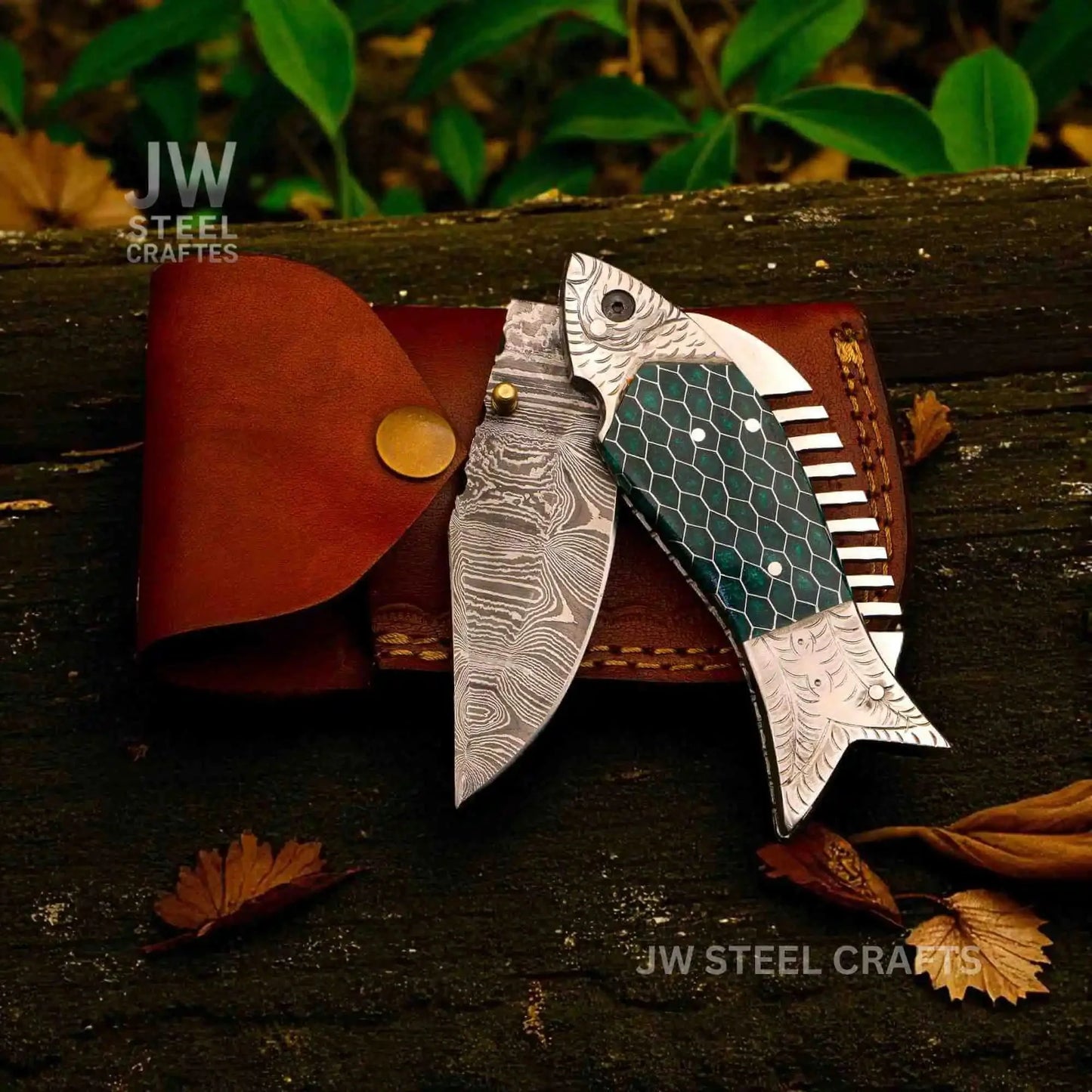 Fish-Style Damascus Folding Knife | 5 Color Variants | Hand-Engraved Collectible by JW SteelCrafts