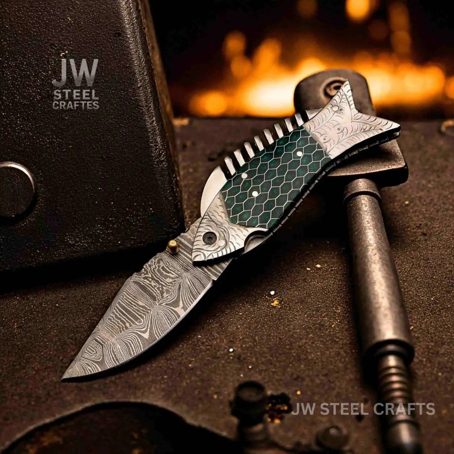Fish-Style Damascus Folding Knife | 5 Color Variants | Hand-Engraved Collectible by JW SteelCrafts
