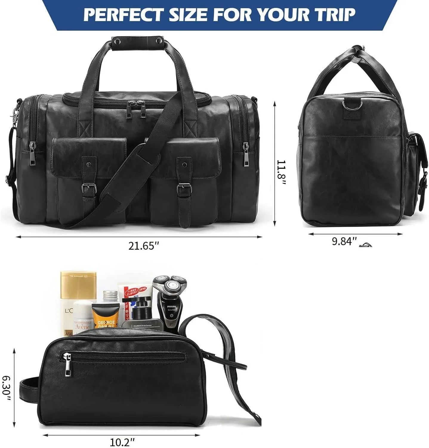 Leather Travel Set – 3-Piece PU Leather Duffel, Toiletry & Laundry Bag