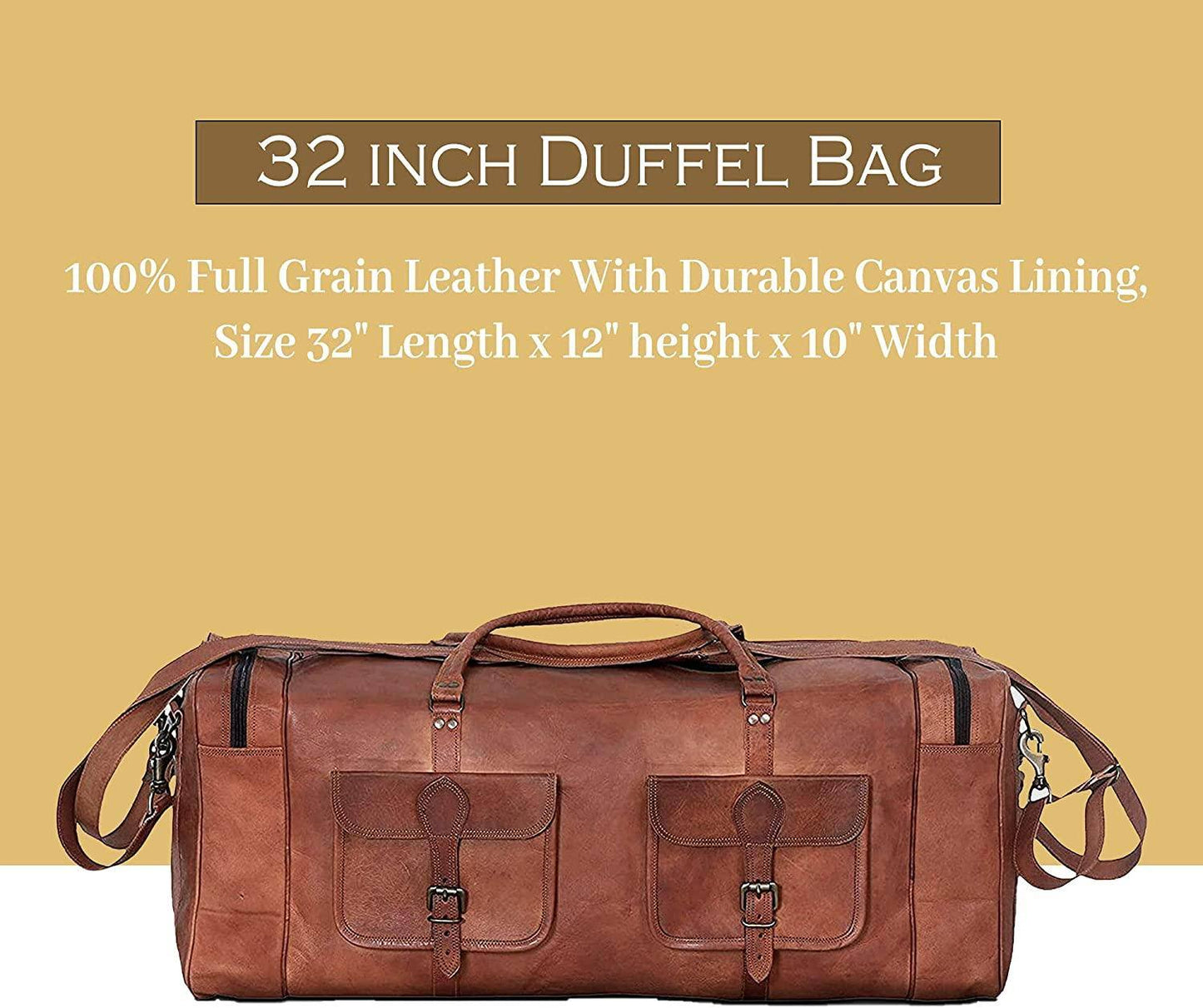 Full Grain Leather Duffel Bag – 32″ Handcrafted Weekender with Canvas Lining