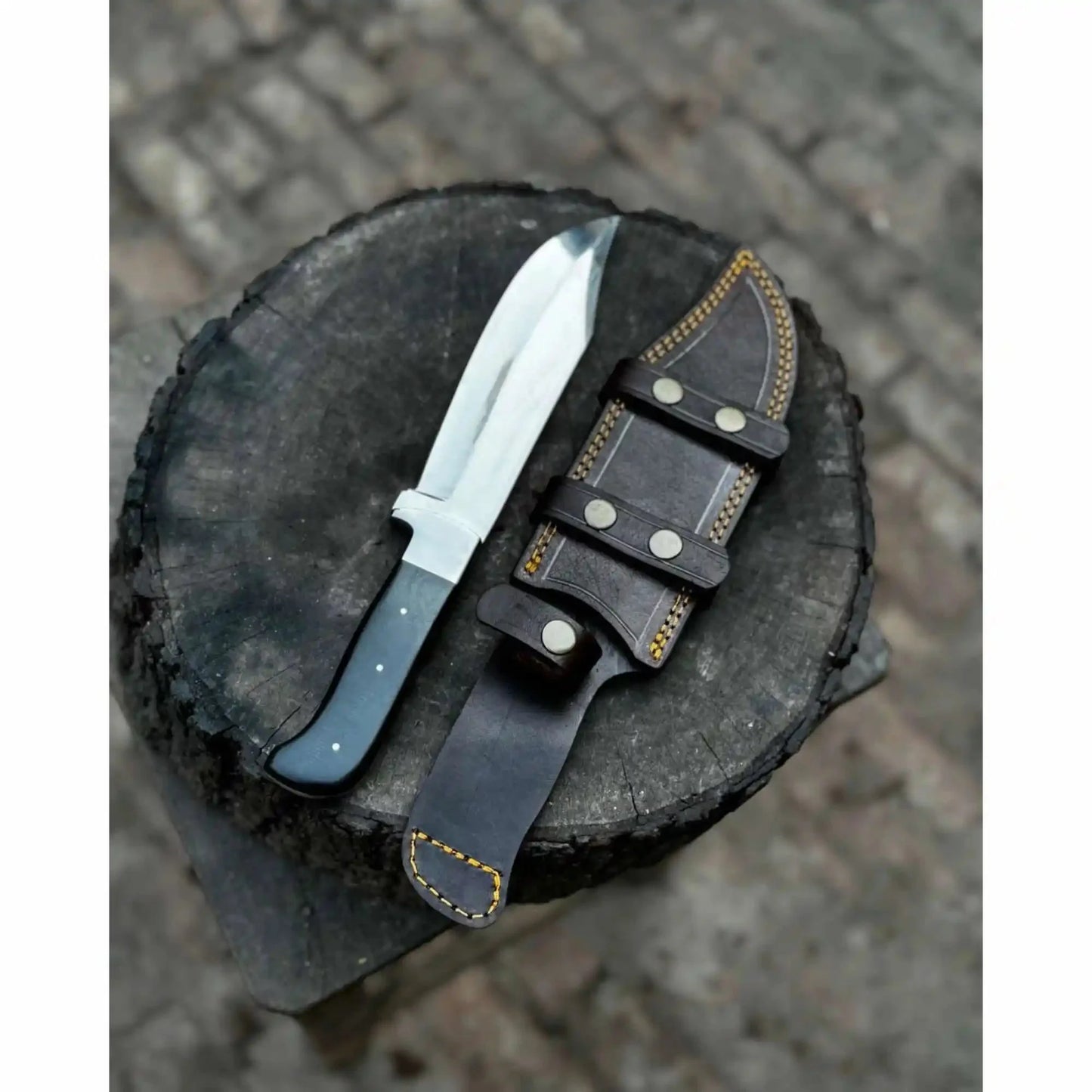 Frontier Bowie Knife, Hand Forged High Carbon Steel Clip Point Blade, Black Micarta Handle, Full Tang with Leather Sheath