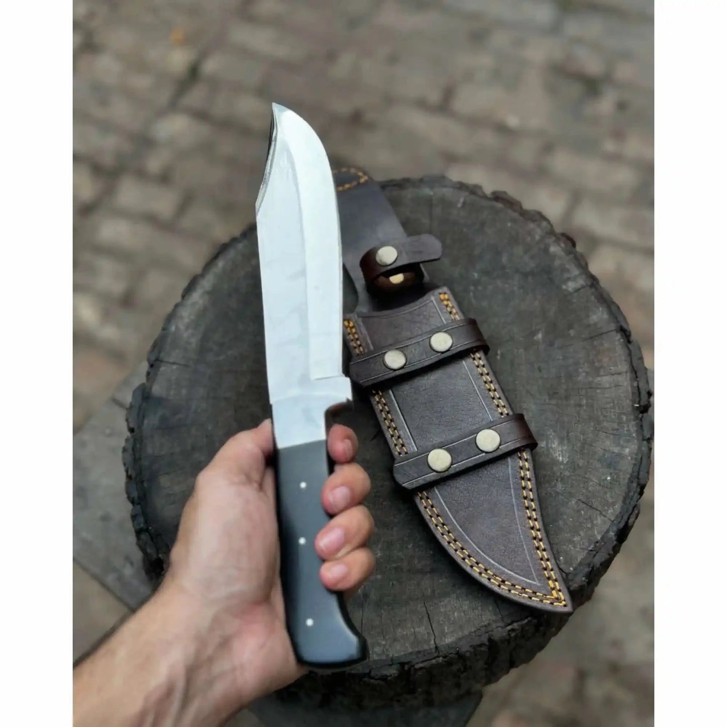 Frontier Bowie Knife, Hand Forged High Carbon Steel Clip Point Blade, Black Micarta Handle, Full Tang with Leather Sheath