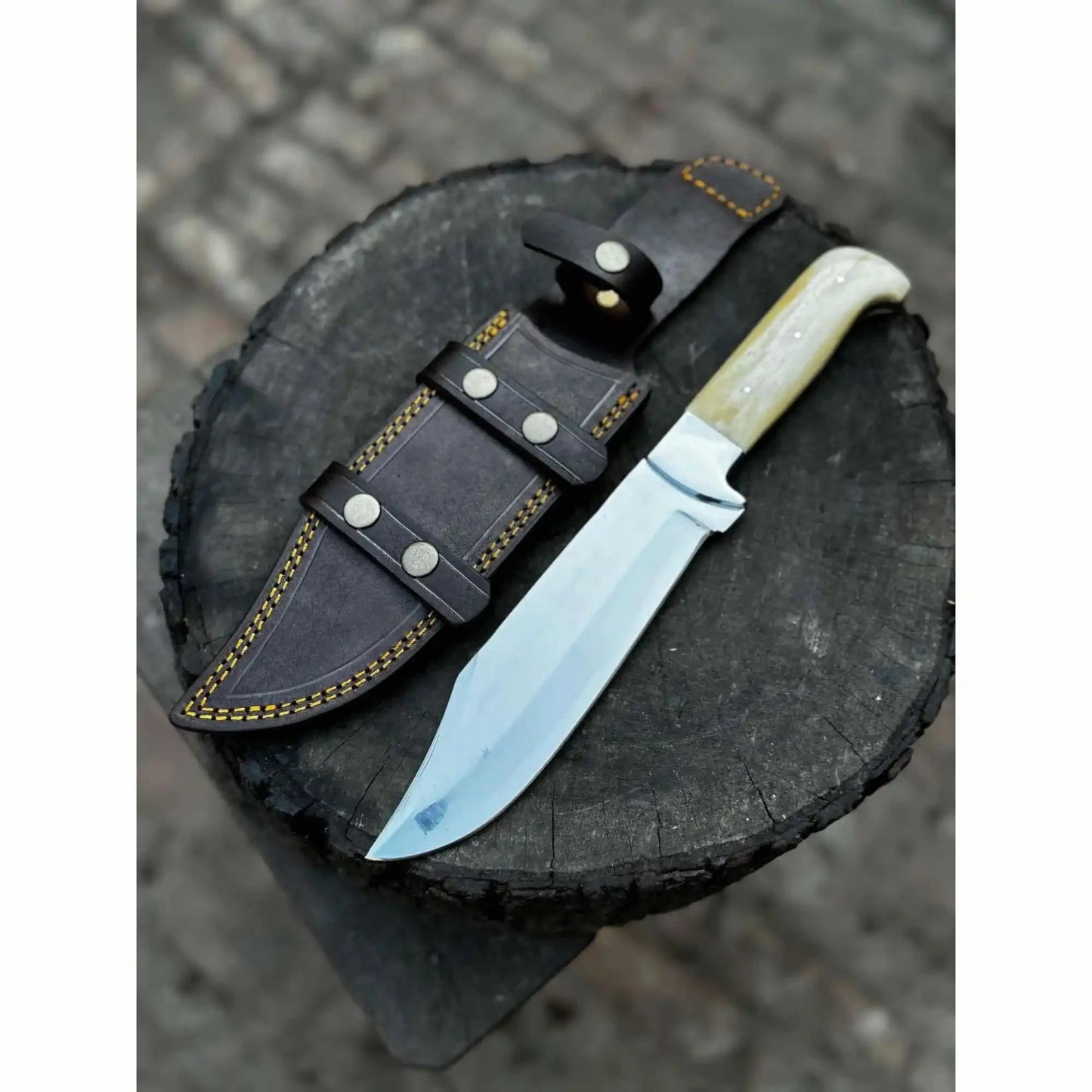 Frontier Bowie Knife, Hand Forged High Carbon Steel Clip Point Blade, Black Micarta Handle, Full Tang with Leather Sheath
