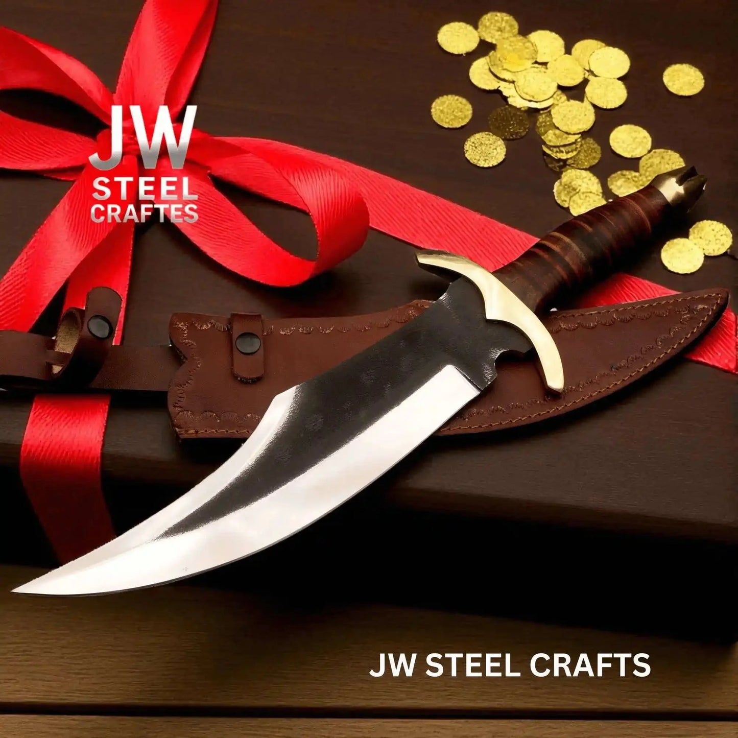 Handmade Frontier Bowie Knife - High Carbon Steel, Leather Handle, Brass Crossguard