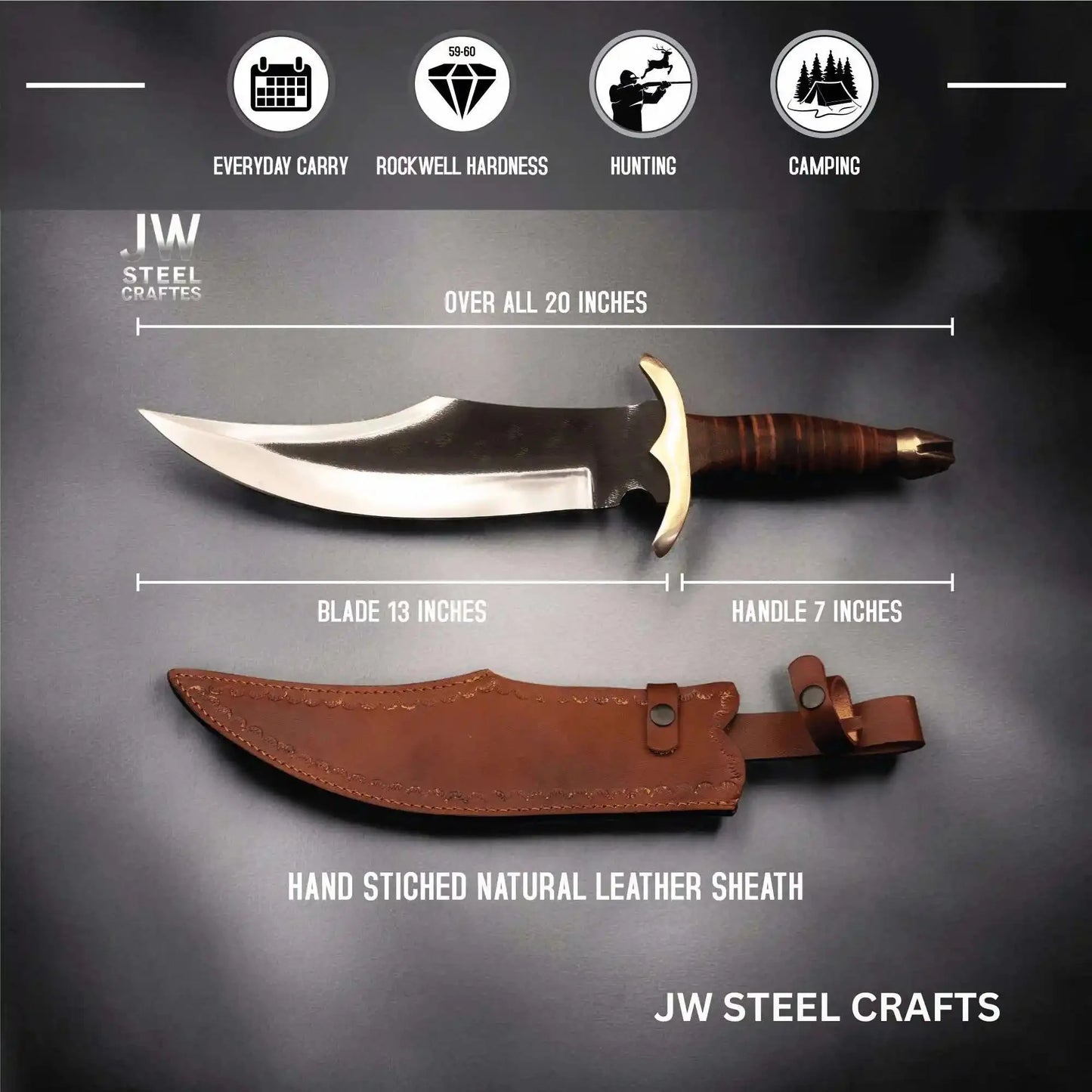 Handmade Frontier Bowie Knife - High Carbon Steel, Leather Handle, Brass Crossguard